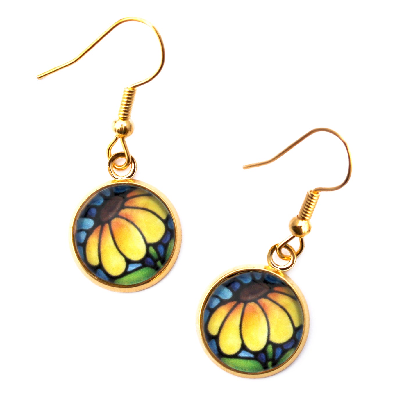 Yellow Sunflower Gold Circle Glass Earrings