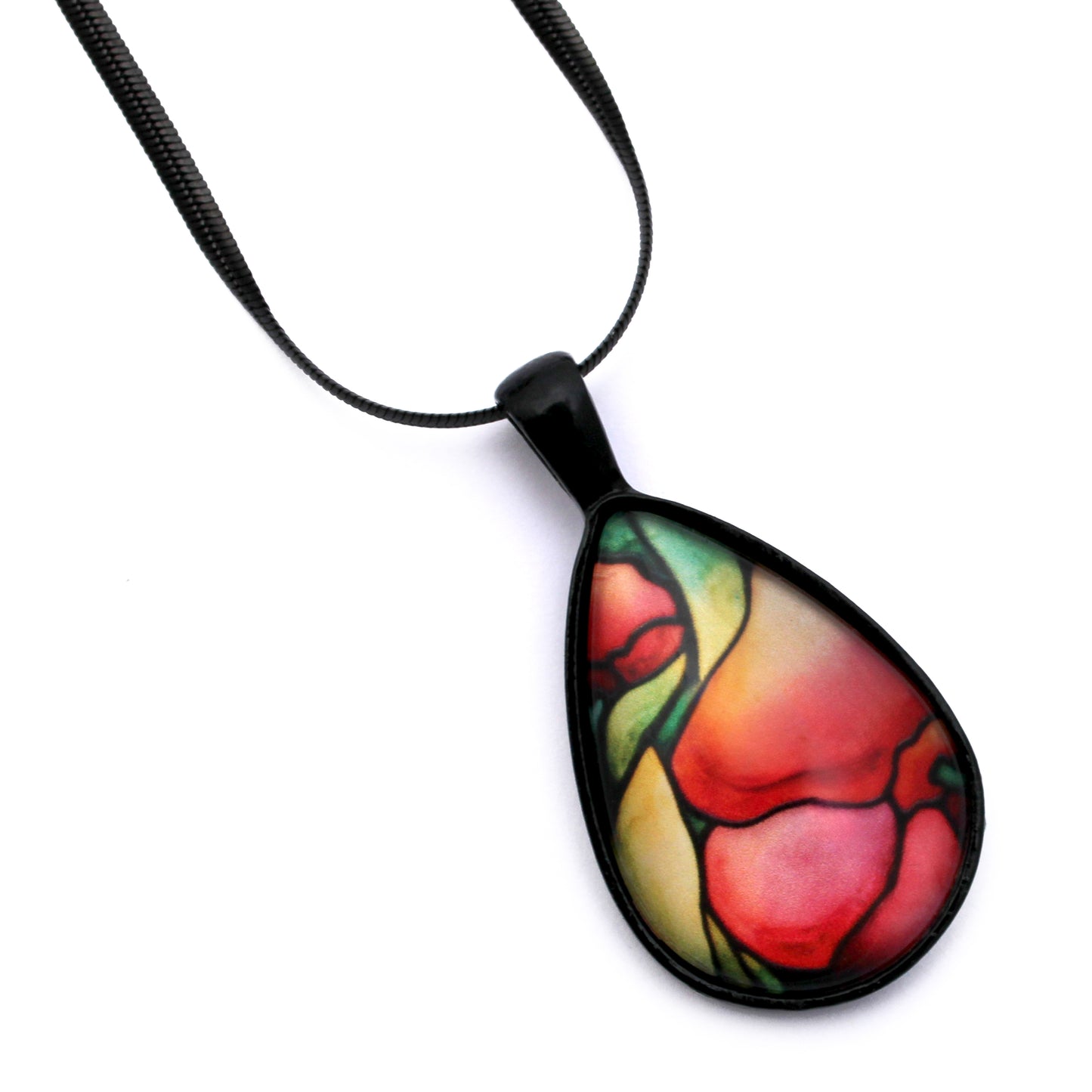 Pink Rose Black Glass Teardrop Necklace