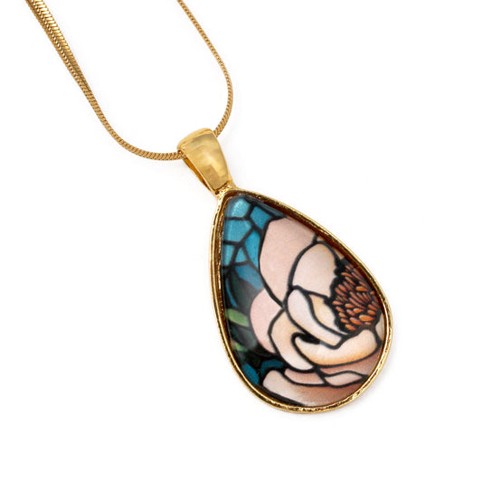 Beige Peony Flower Gold Teardrop Necklace