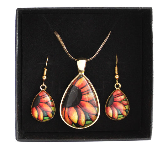 Red Sunflower Gold Teardrop Jewellery Set