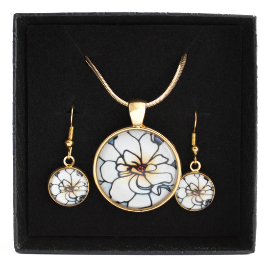 White Begonia Circle Gold Jewellery Set