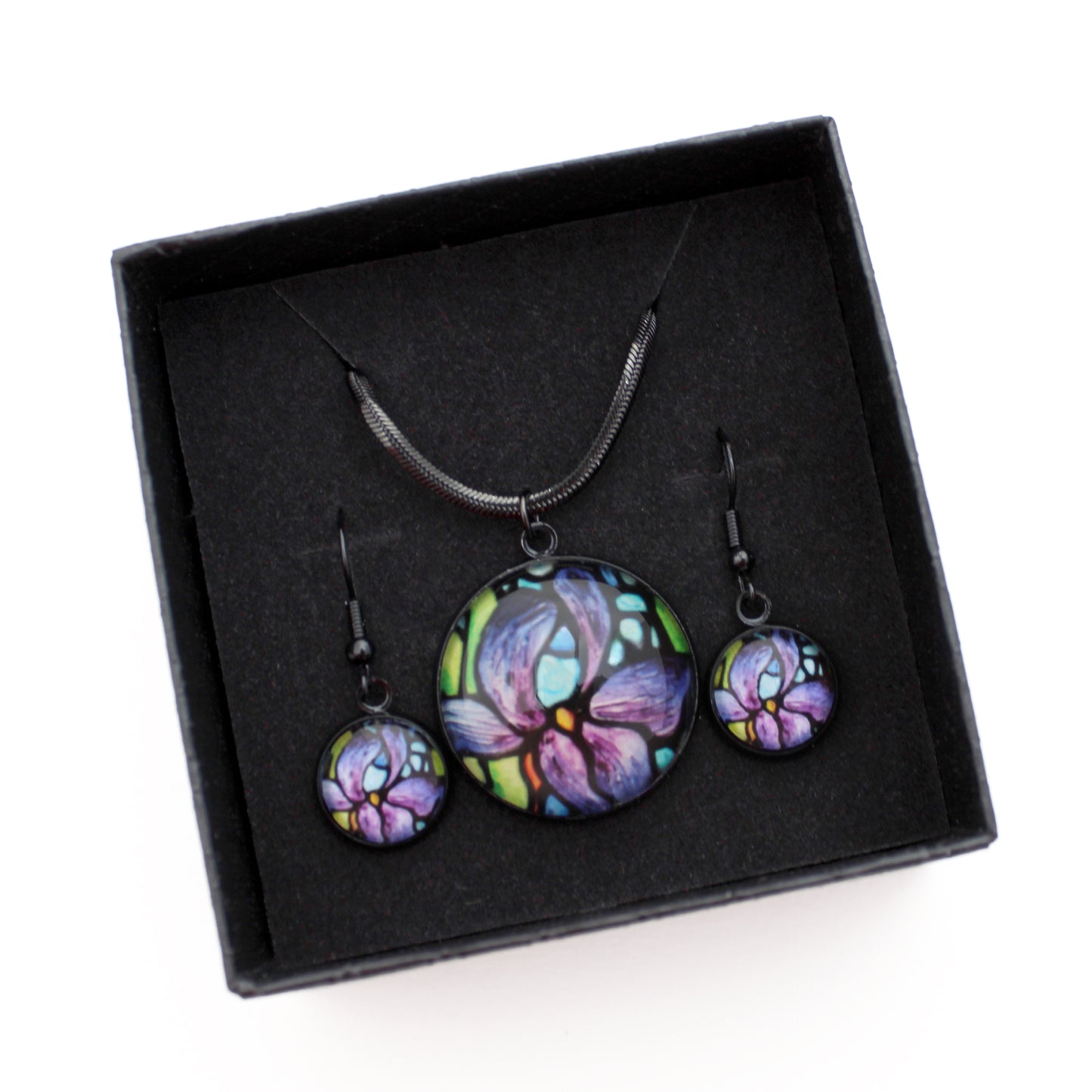 Purple Iris Circle Black Jewellery Set