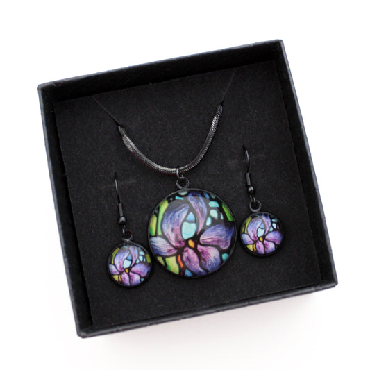 Purple Iris Circle Black Jewellery Set