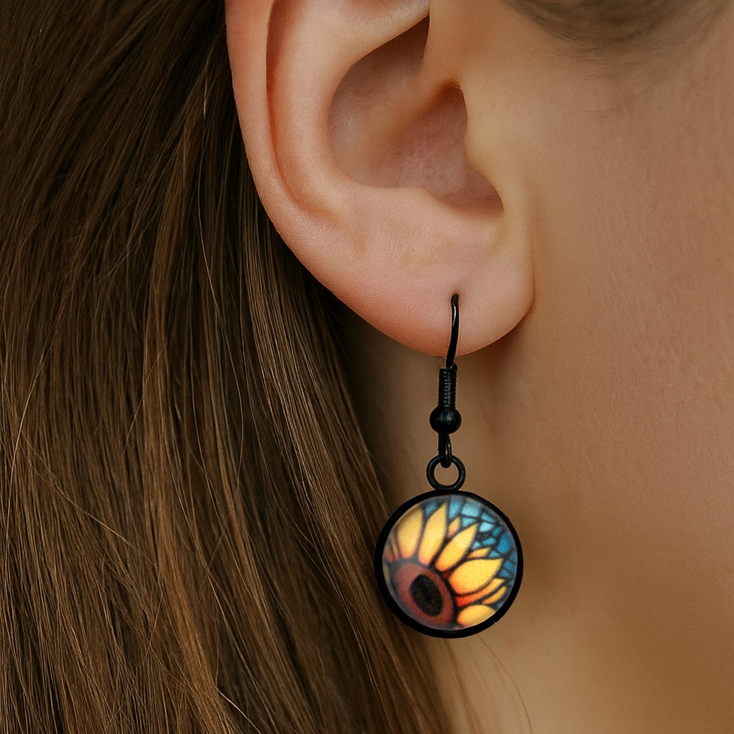 Orange Sunflower Black Circle Glass Earrings