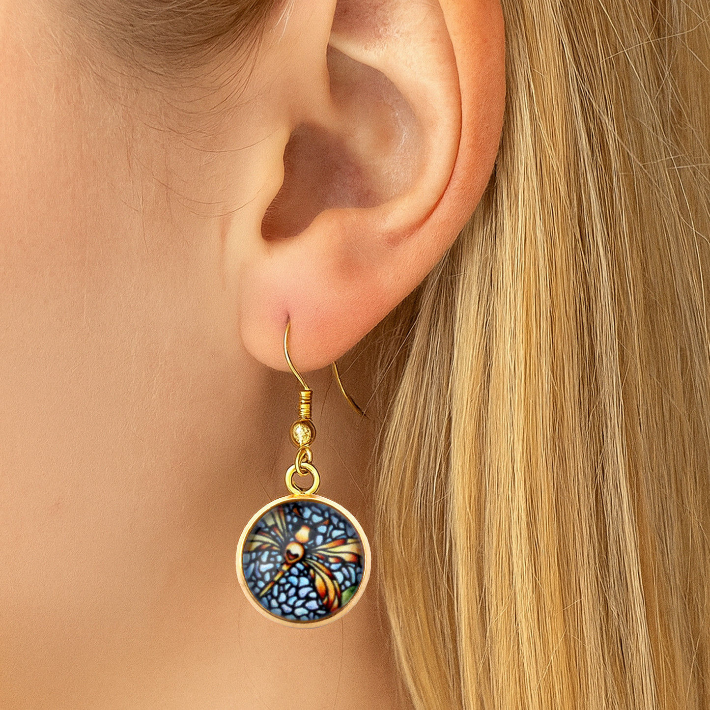 Orange Dragonfly Gold Circle Glass Earrings
