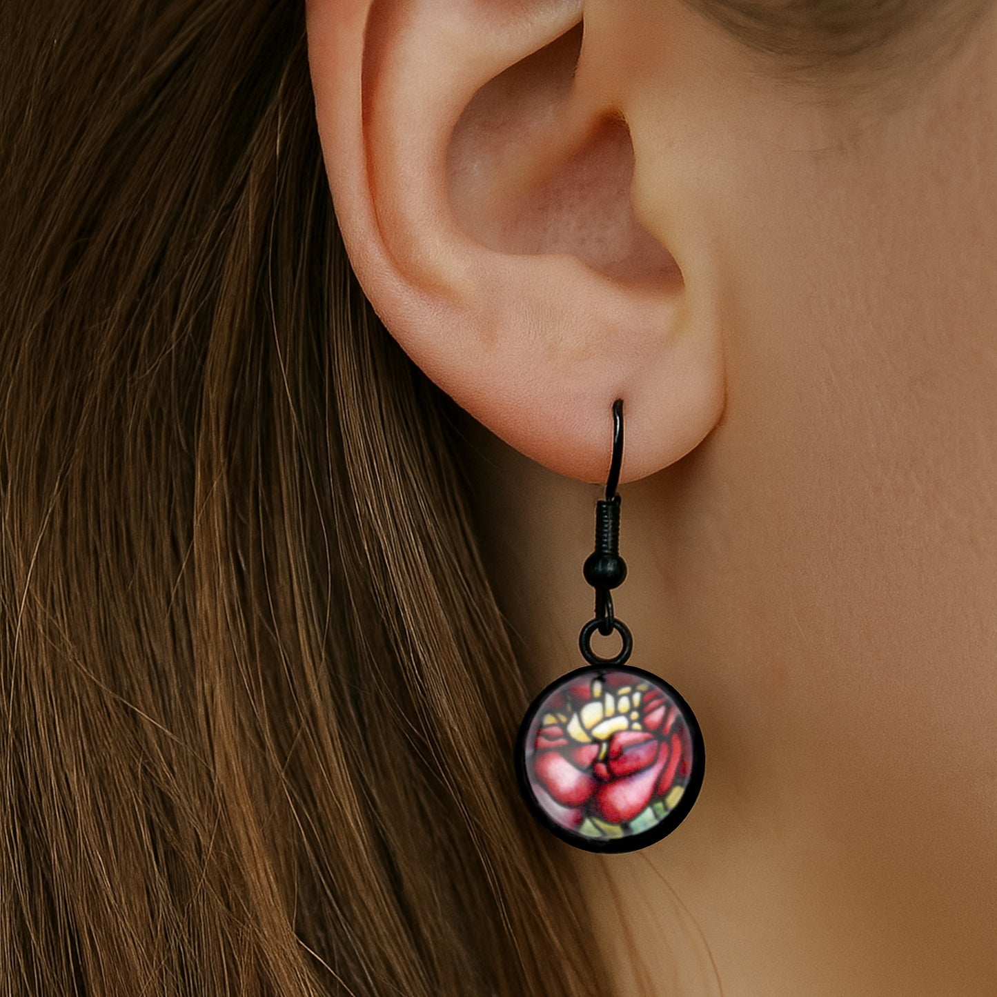 Red Peony Black Circle Earrings