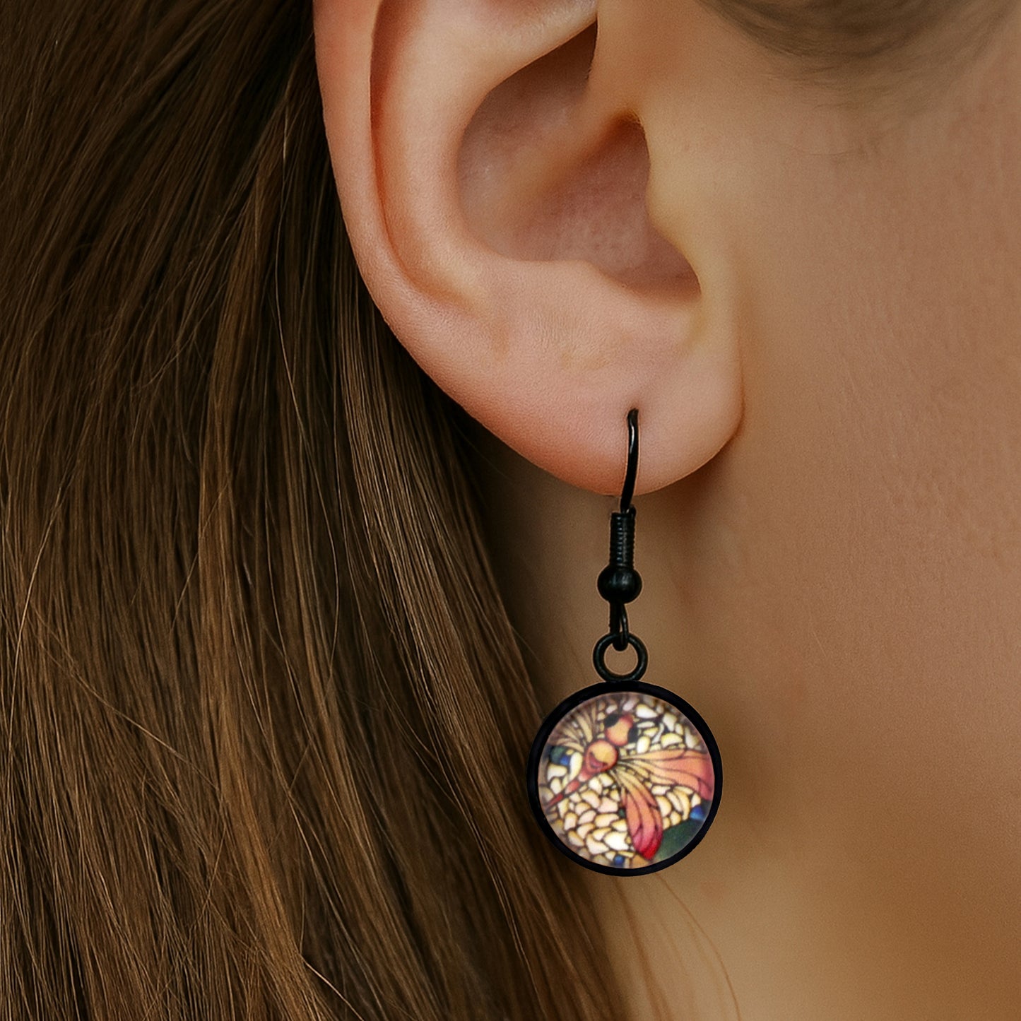 Orange Dragonfly Black Circle Glass Earrings