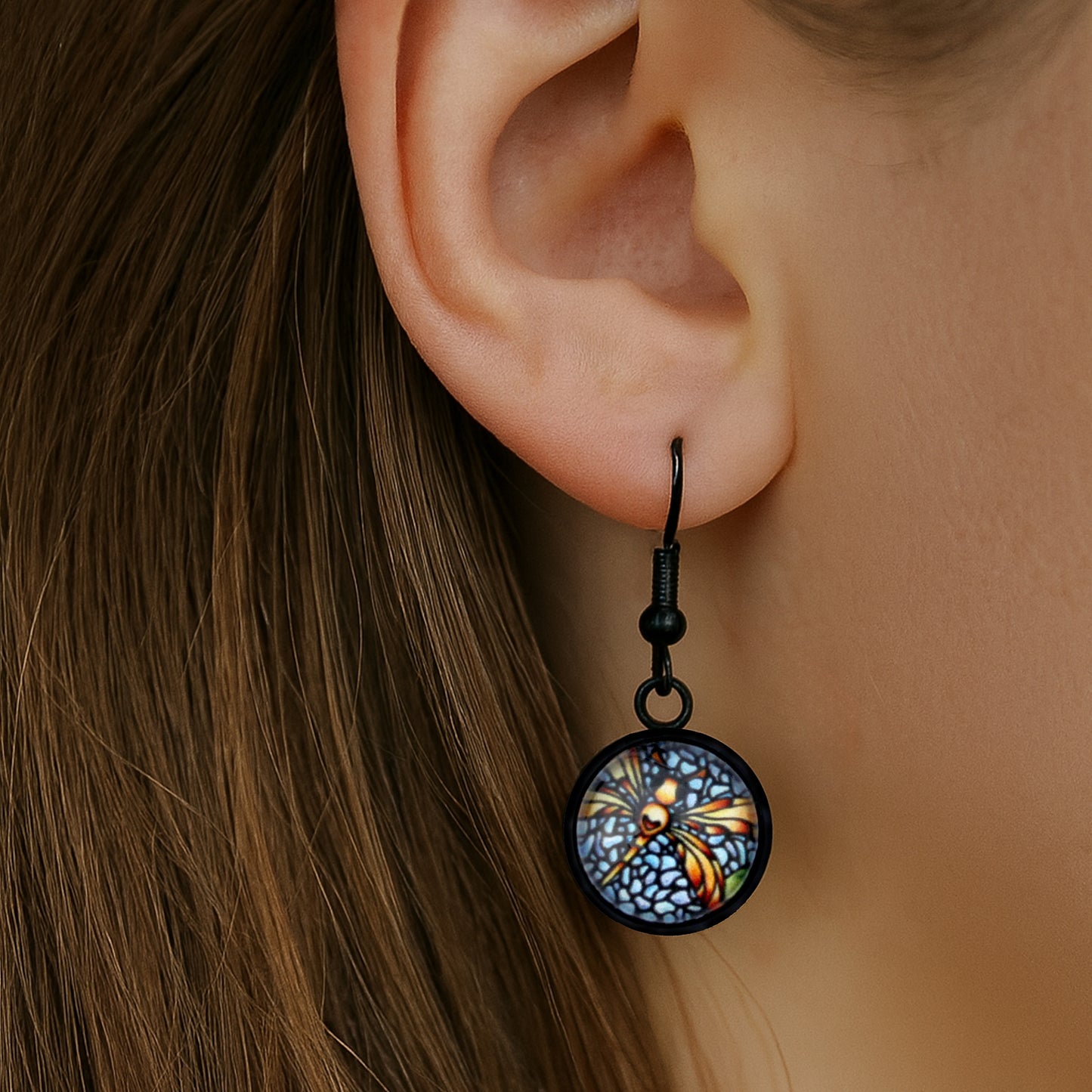 Orange Dragonfly Black Circle Earrings