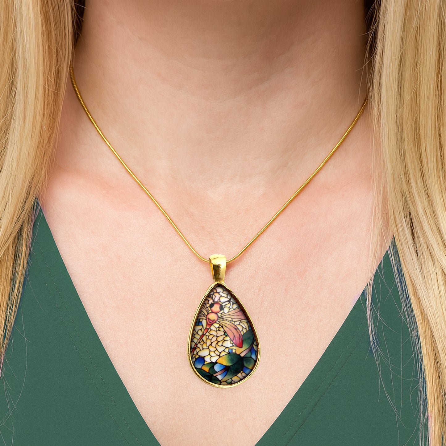 Orange Dragonfly Gold Glass Teardrop Necklace