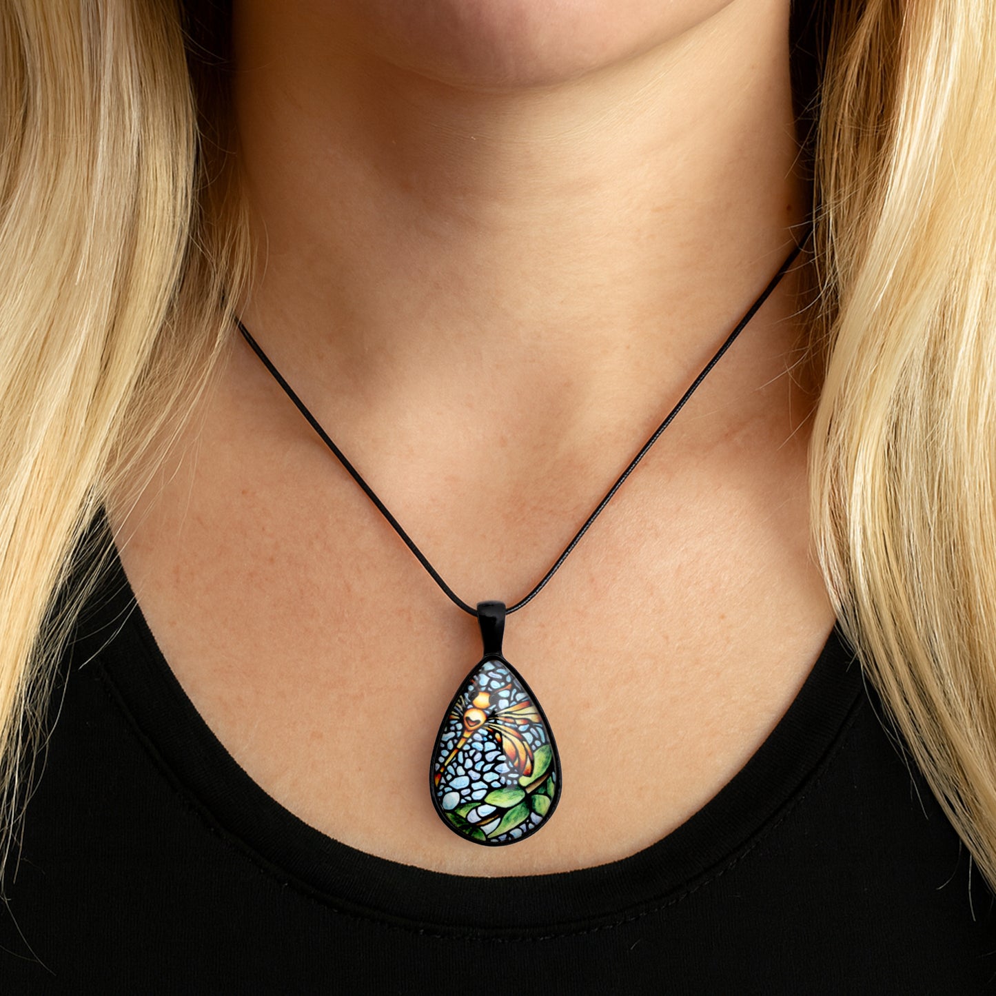 Orange Dragonfly Black Glass Teardrop Necklace