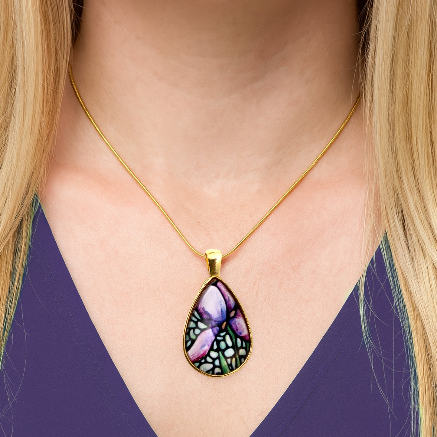 Light Purple Iris Gold Teardrop Necklace