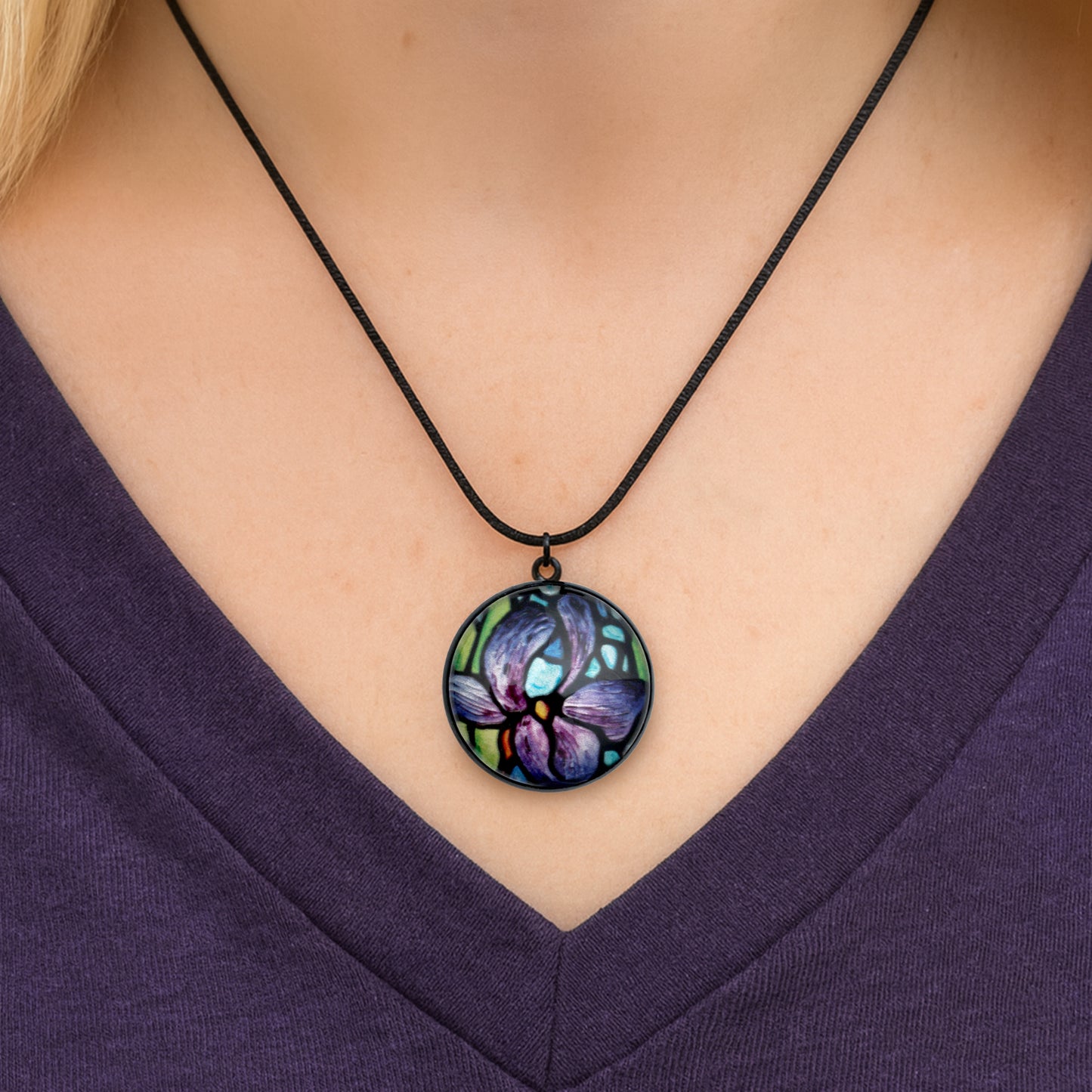 Purple Iris Black Circle Necklace