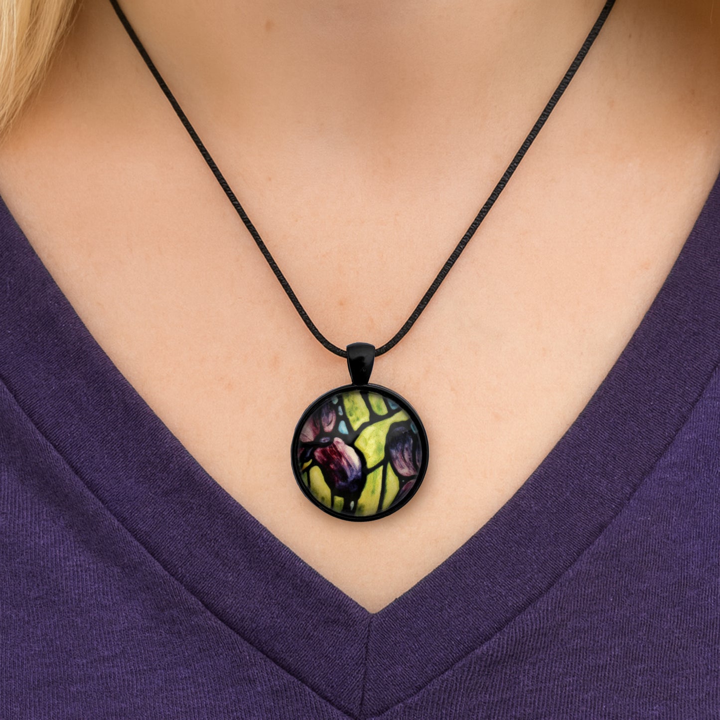 Purple Iris Black Circle Necklace