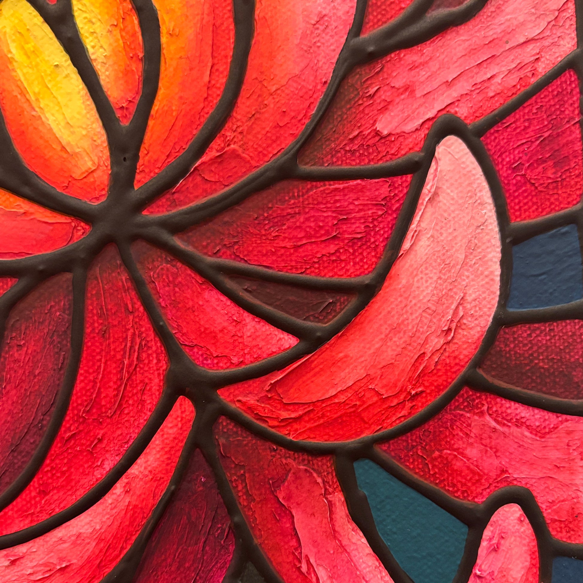 Close-up of a textured magenta, yellow and orange chrysanthemum original painting