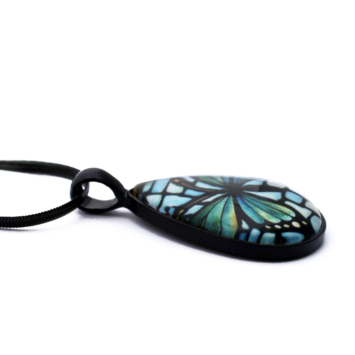Teal Butterfly Black Glass Teardrop Necklace