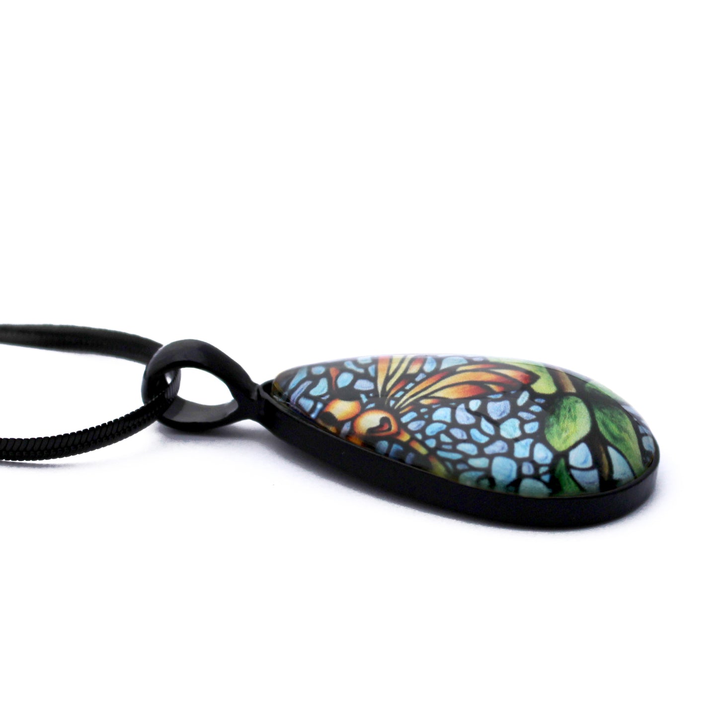 Orange Dragonfly Black Glass Teardrop Necklace