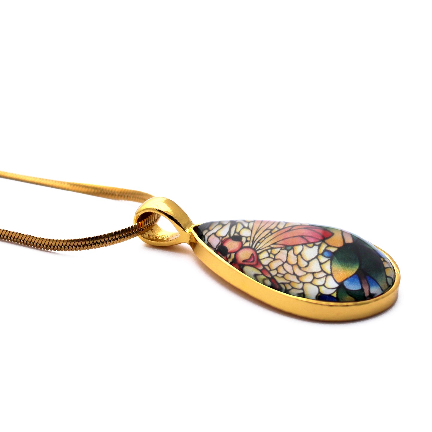 Orange Dragonfly Gold Glass Teardrop Necklace