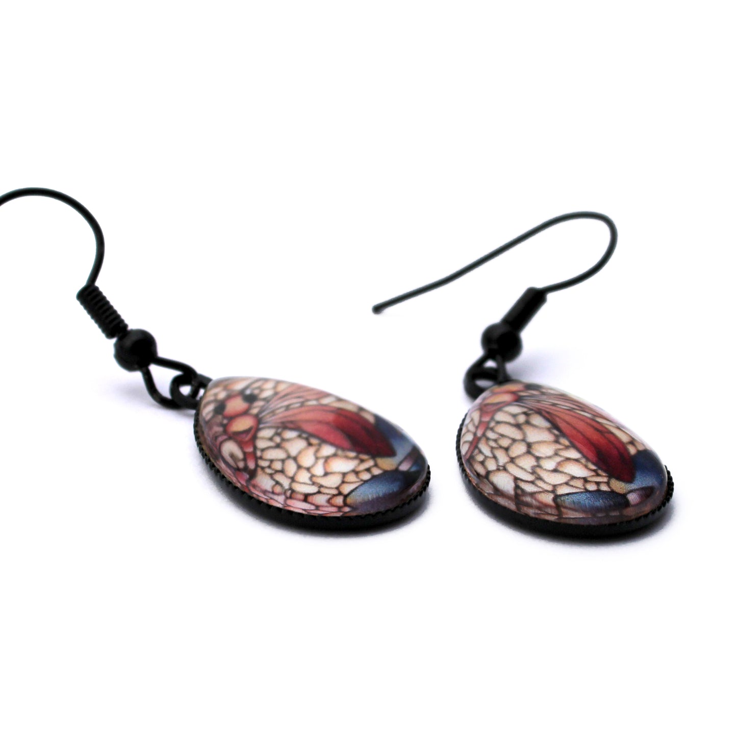 Red Dragonfly Black Teardrop Glass Earrings