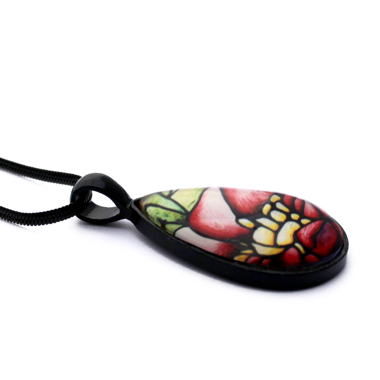 Red Peony Flower Black Glass Teardrop Necklace