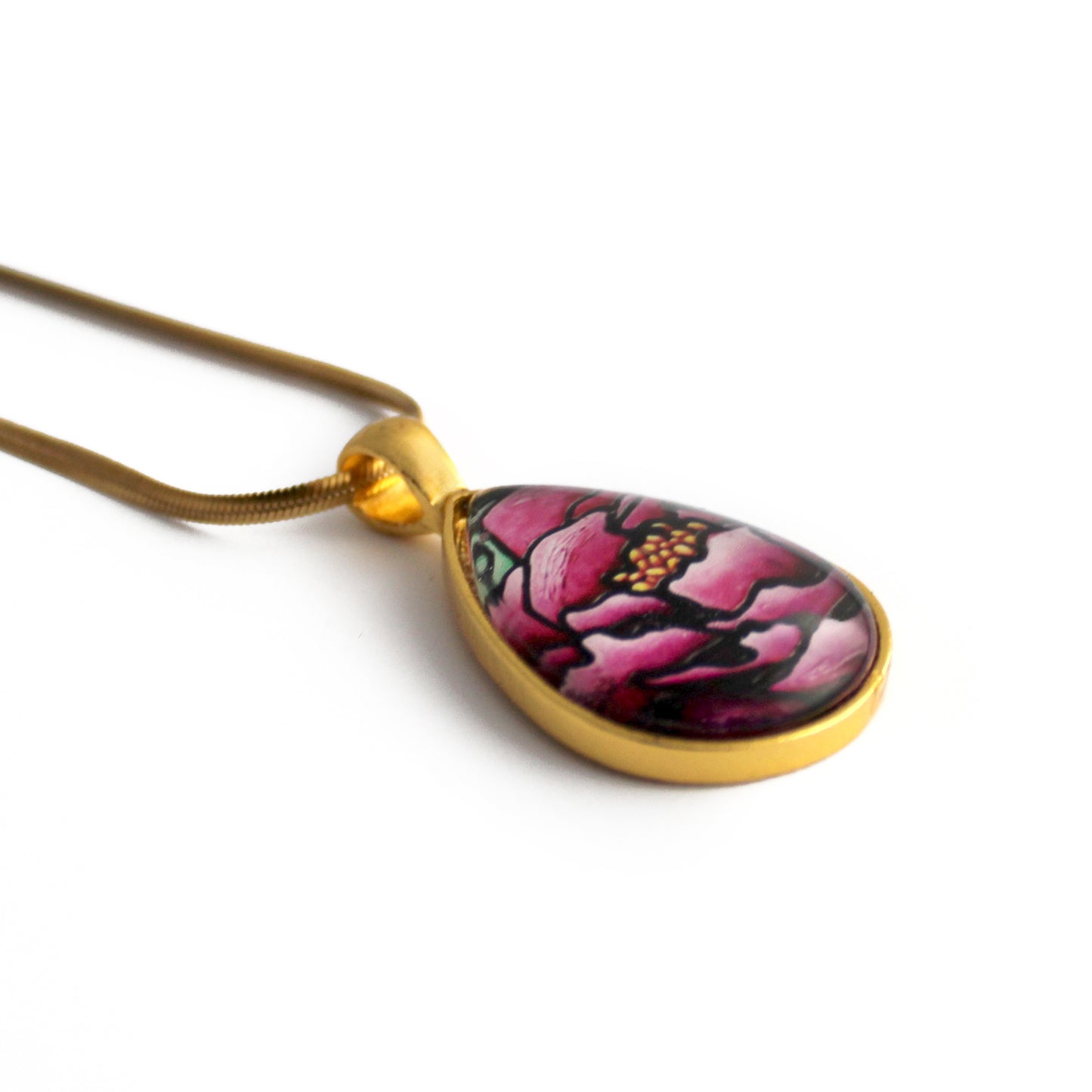Pink Peony Flower Gold Teardrop Necklace