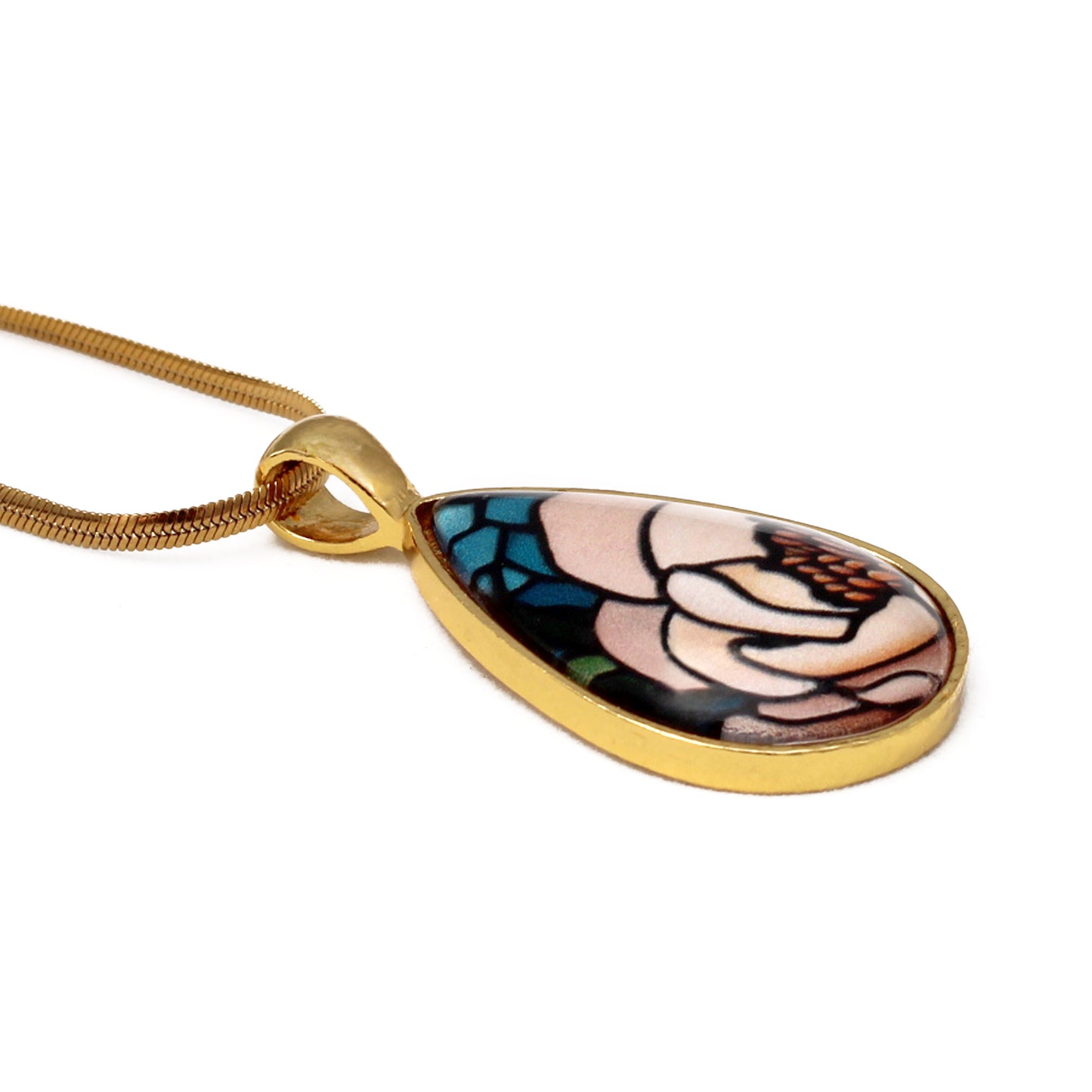 Beige Peony Flower Gold Teardrop Necklace