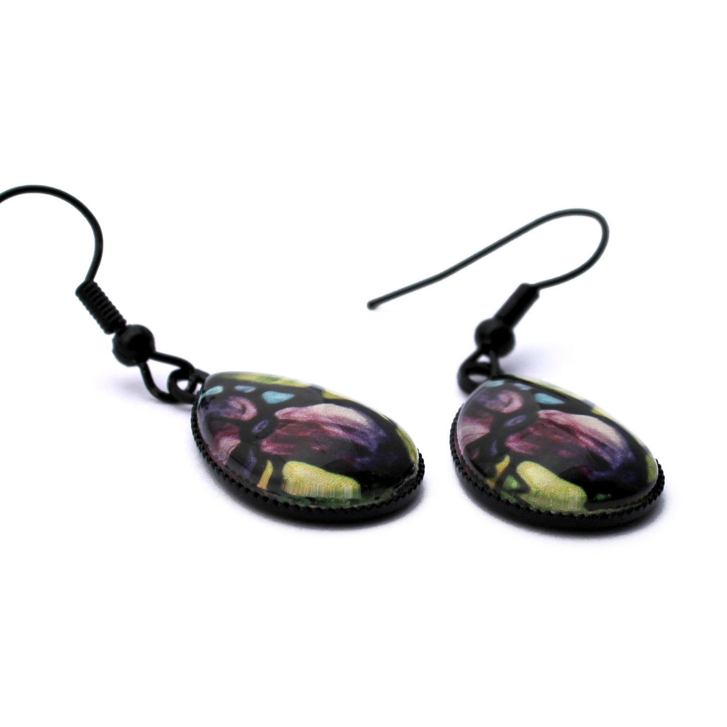 Dark Purple Iris Flower Black Teardrop Earrings