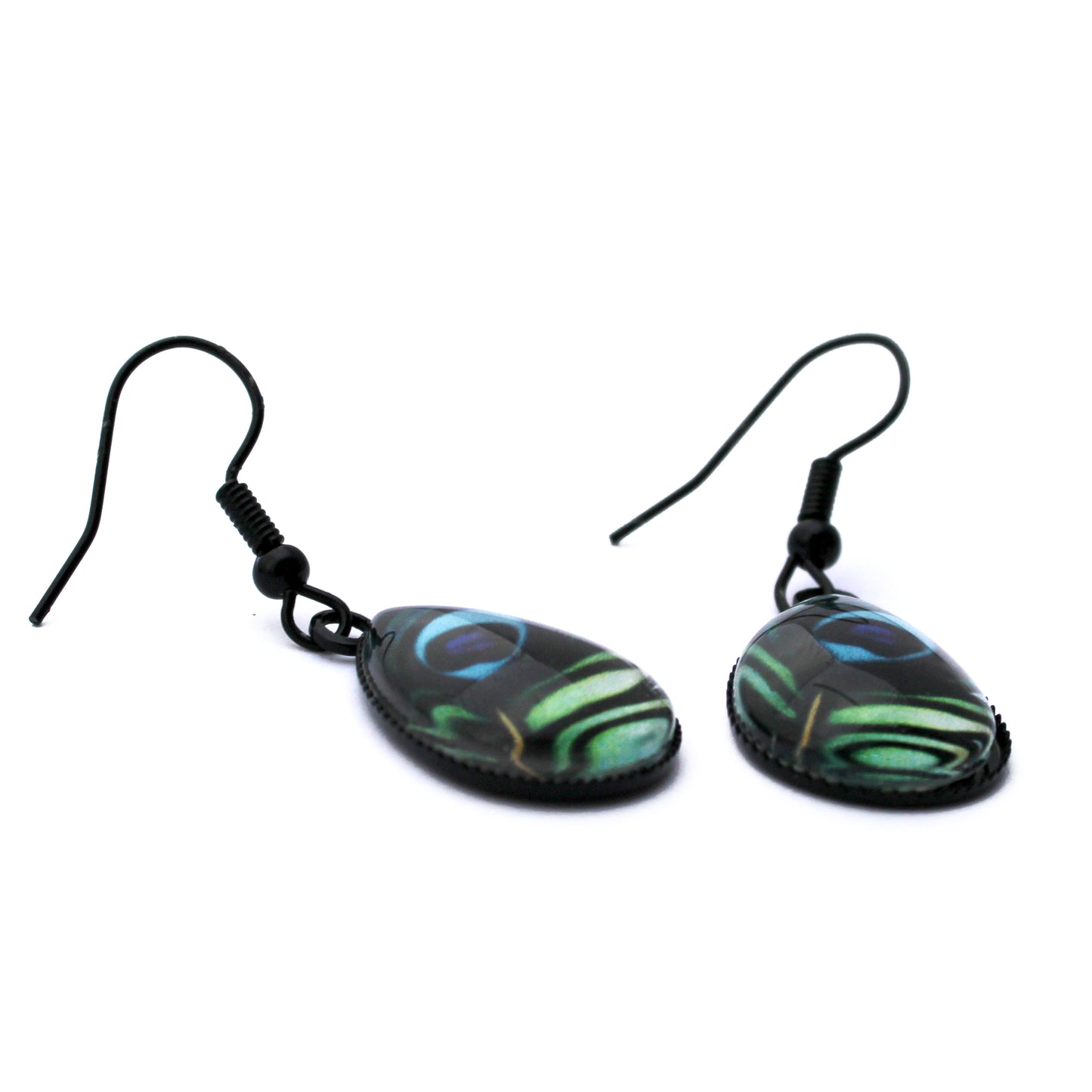 Peacock Feather Black Teardrop Earrings