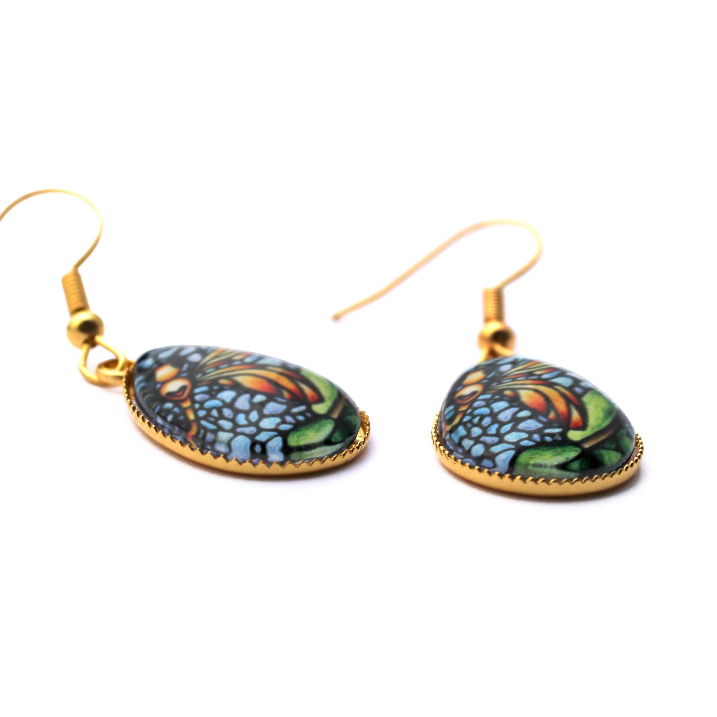 Orange Dragonfly Gold Teardrop Glass Earrings