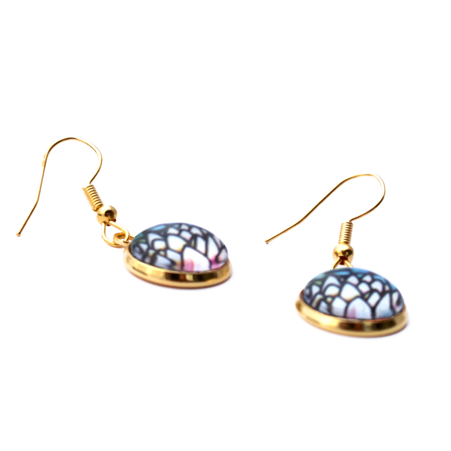 Pink Lotus Flower Gold Circle Glass Earrings
