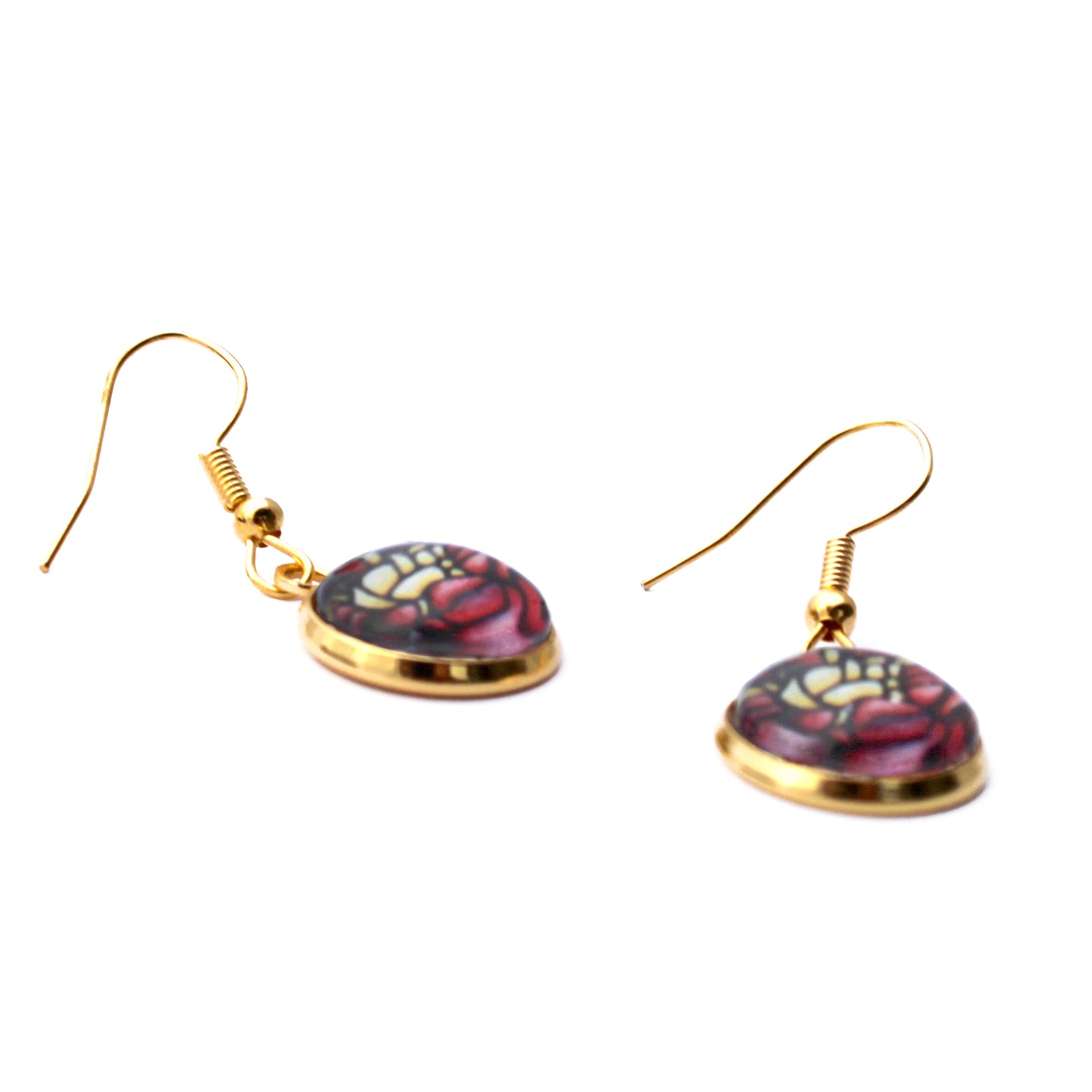 Red Peony Flower Gold Circle Glass Earrings