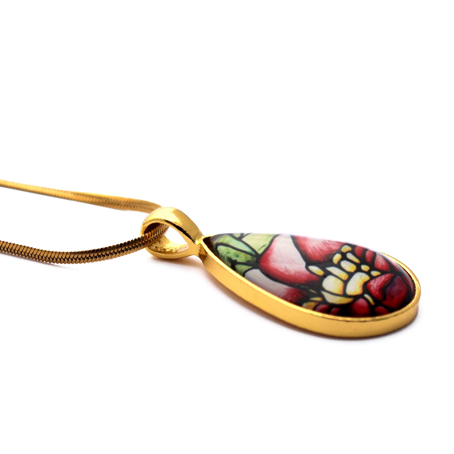 Red Peony Flower Gold Teardrop Necklace