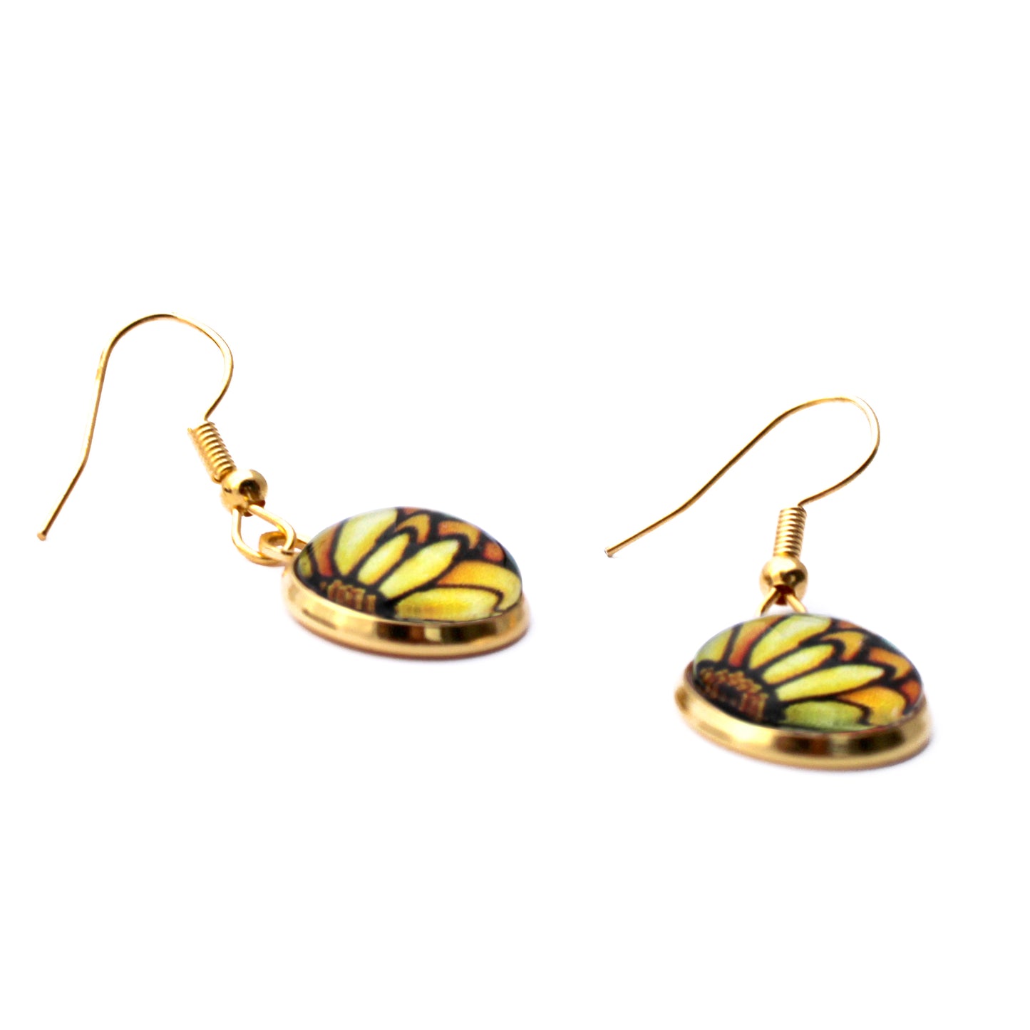 Yellow Daisy Gold Circle Glass Earrings