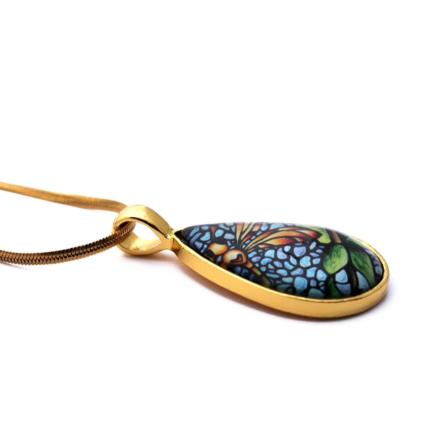 Orange Dragonfly Gold Teardrop Necklace