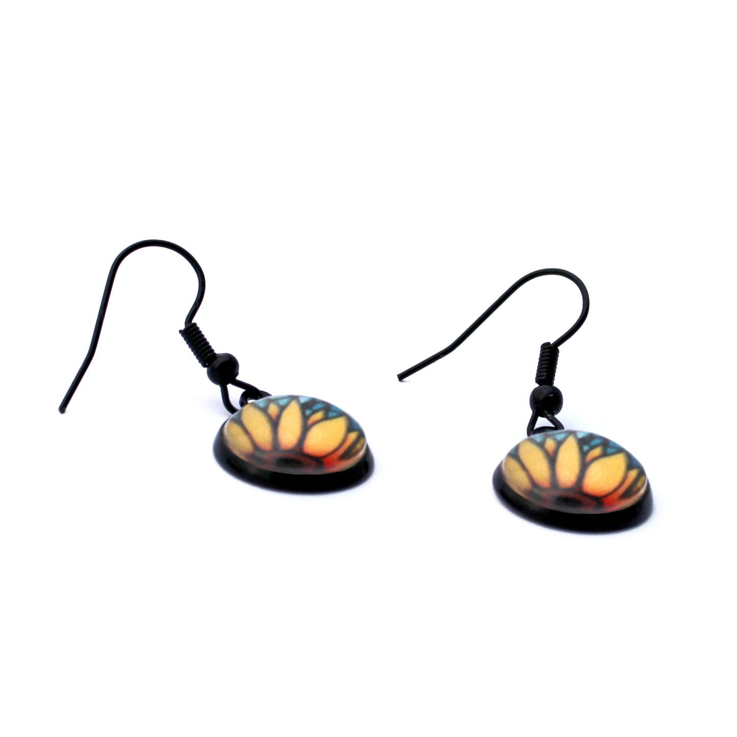 Orange Sunflower Black Circle Glass Earrings