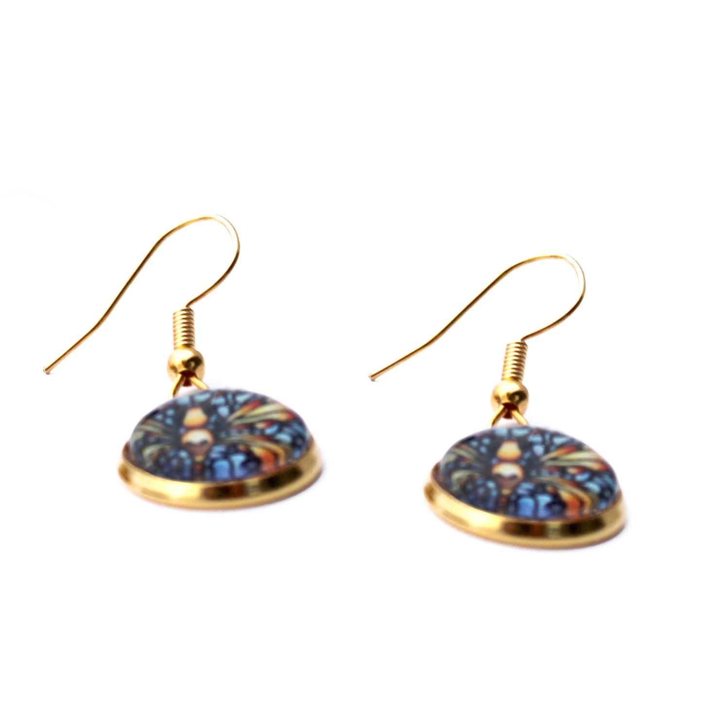 Orange Dragonfly Gold Circle Glass Earrings