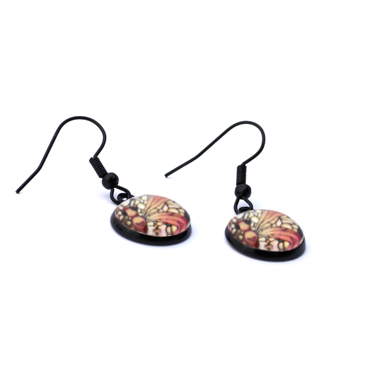 Orange Dragonfly Black Circle Glass Earrings
