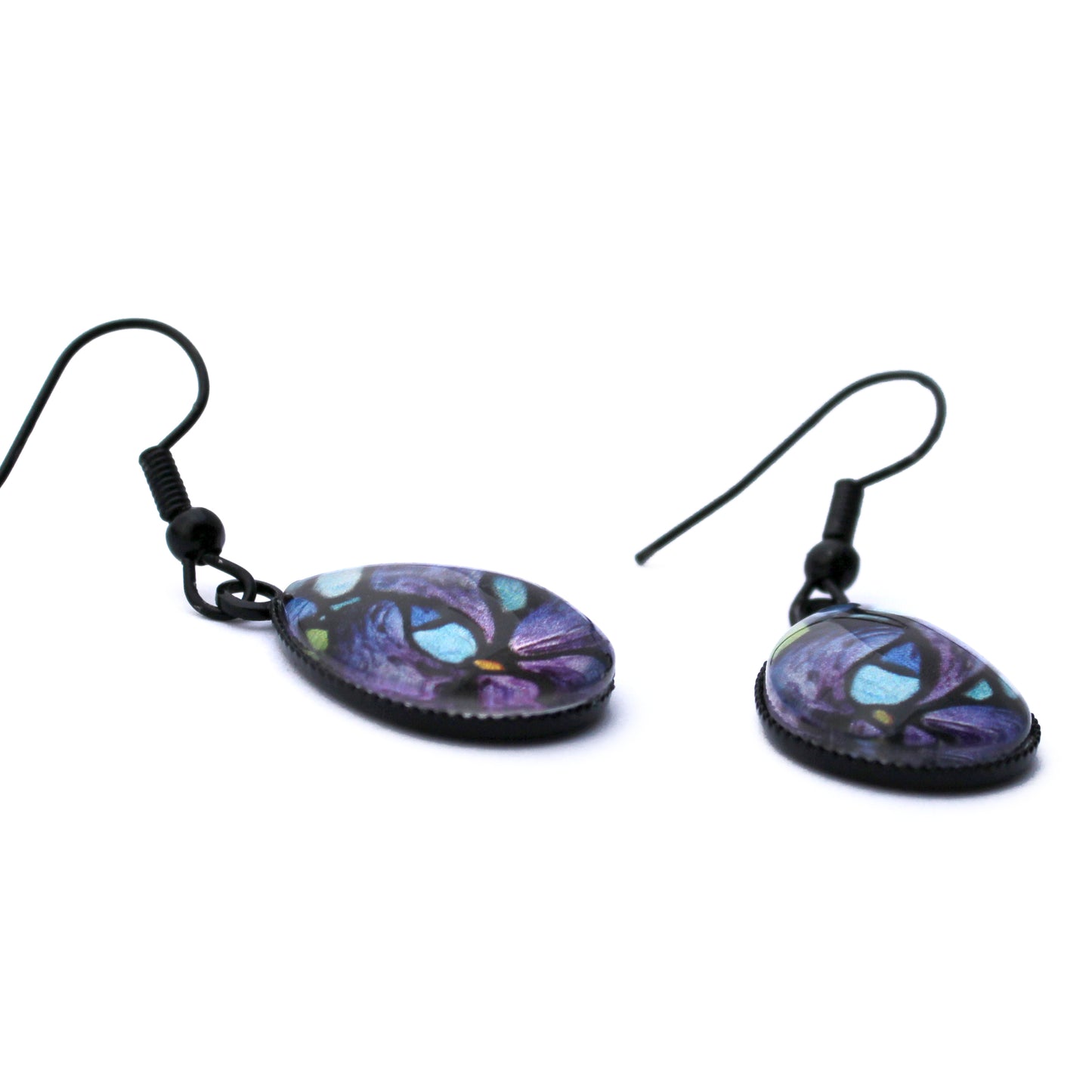 Single Iris Flower Black Teardrop Earrings
