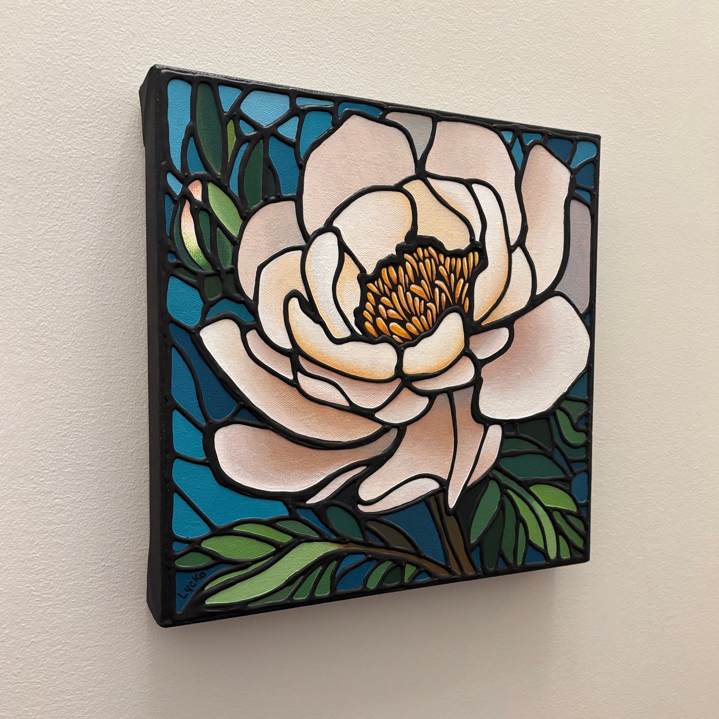 White Peony Flower Original Painting 12 x 12 inch
