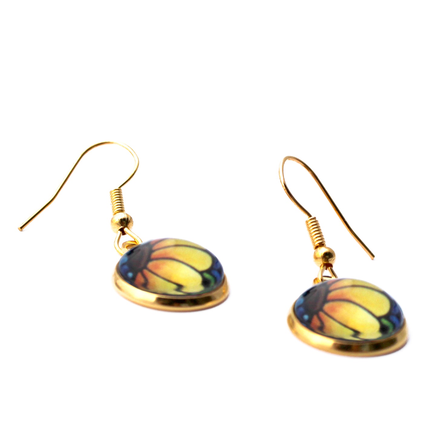 Yellow Sunflower Gold Circle Glass Earrings
