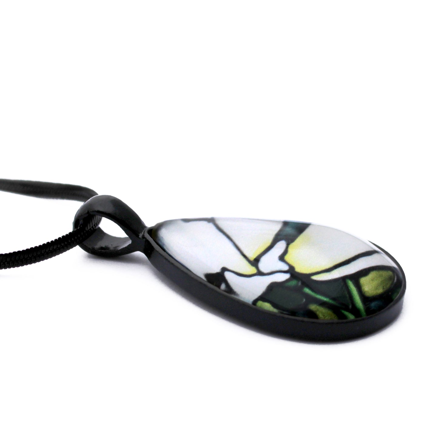 White Iris Black Glass Teardrop Necklace