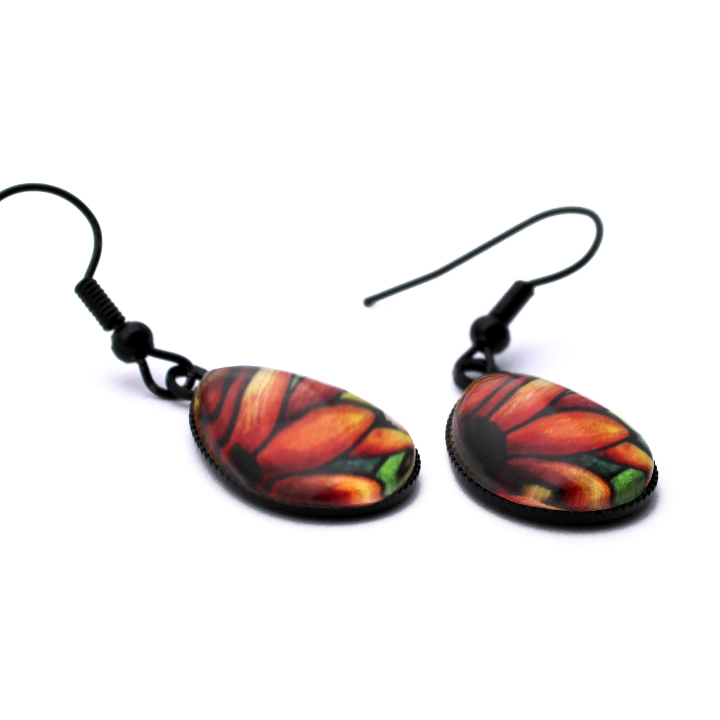 Red Sunflower Black Teardrop Glass Earrings
