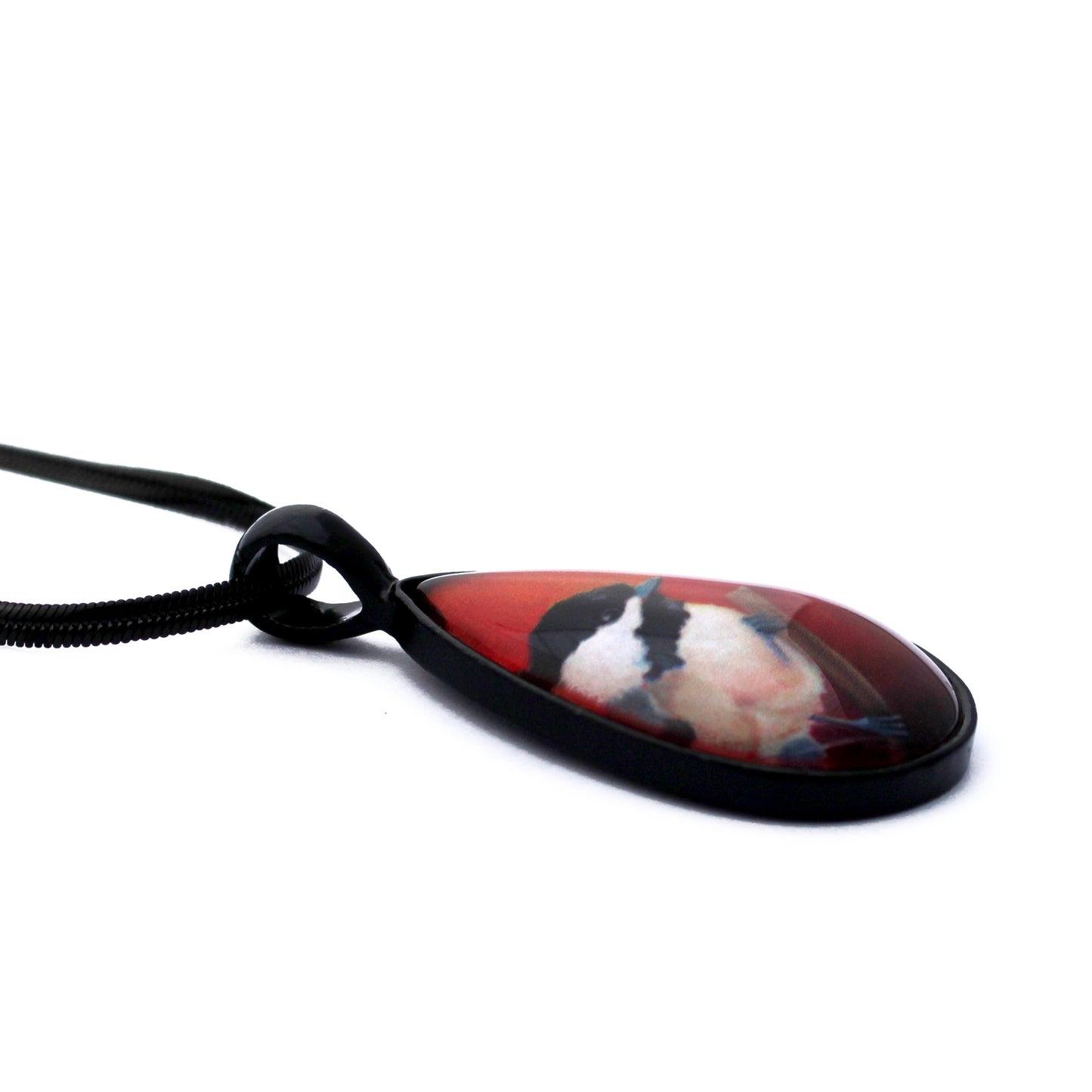 Chickadee Bird Black Teardrop Necklace