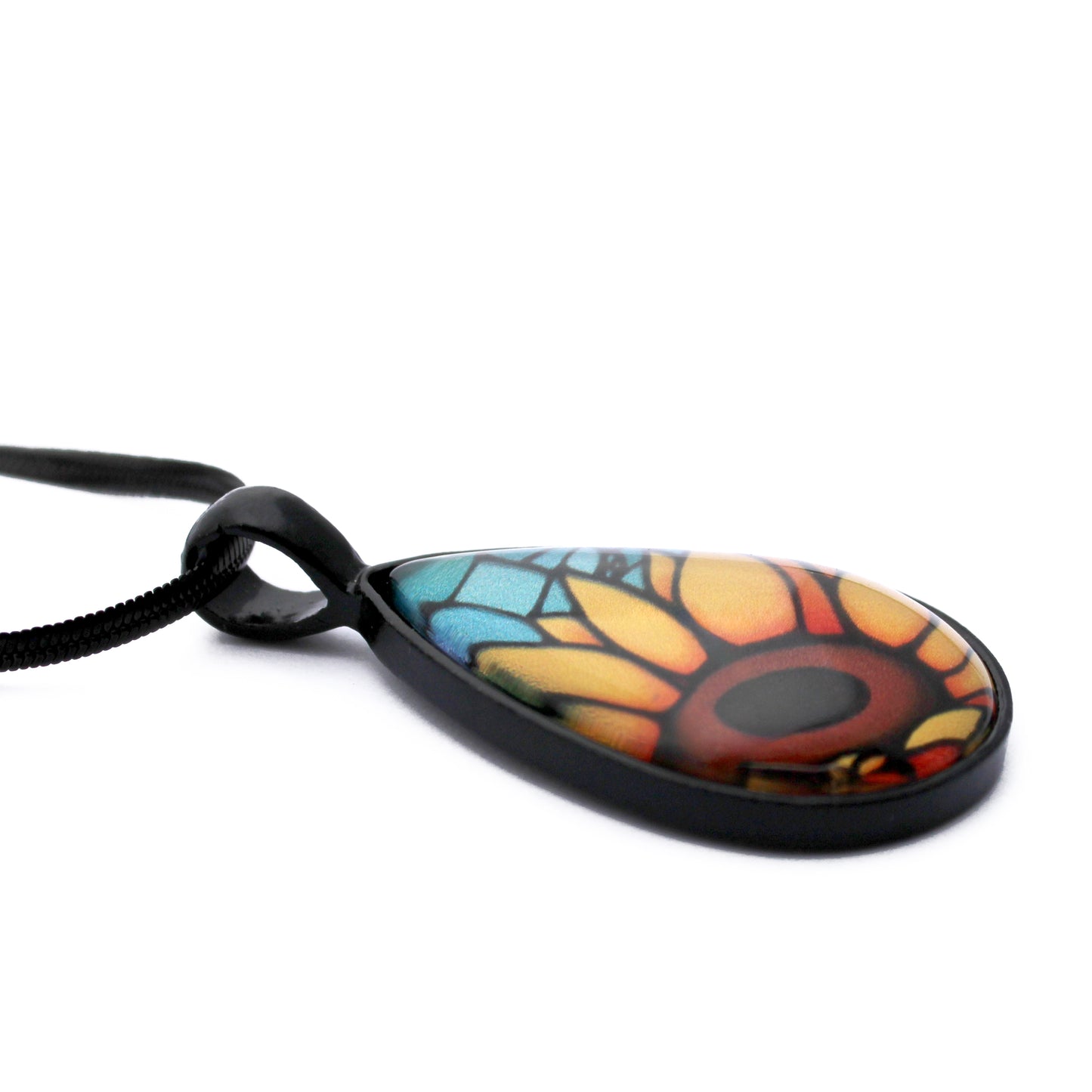 Orange Sunflower Black Teardrop Necklace