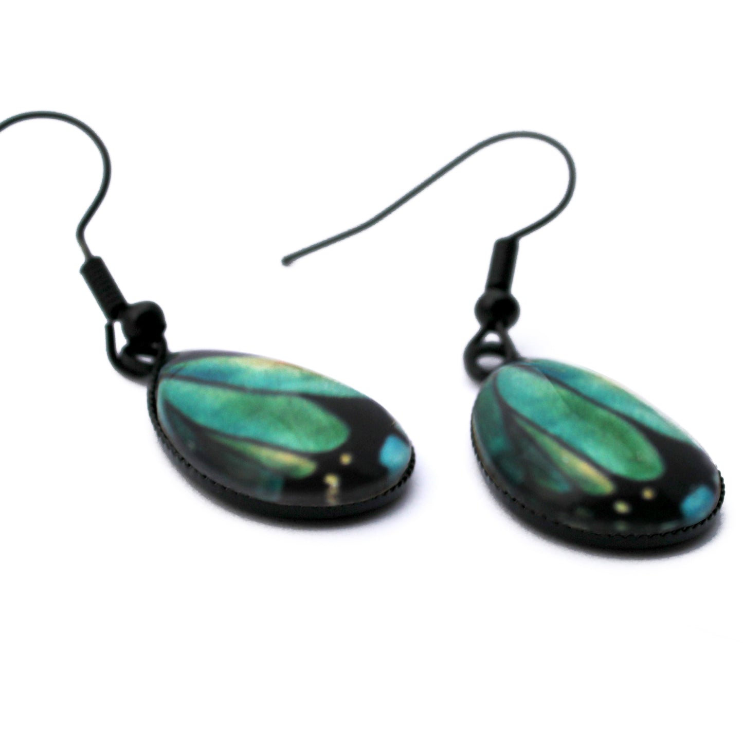 Teal Butterfly Wing Black Teardrop Glass Earrings