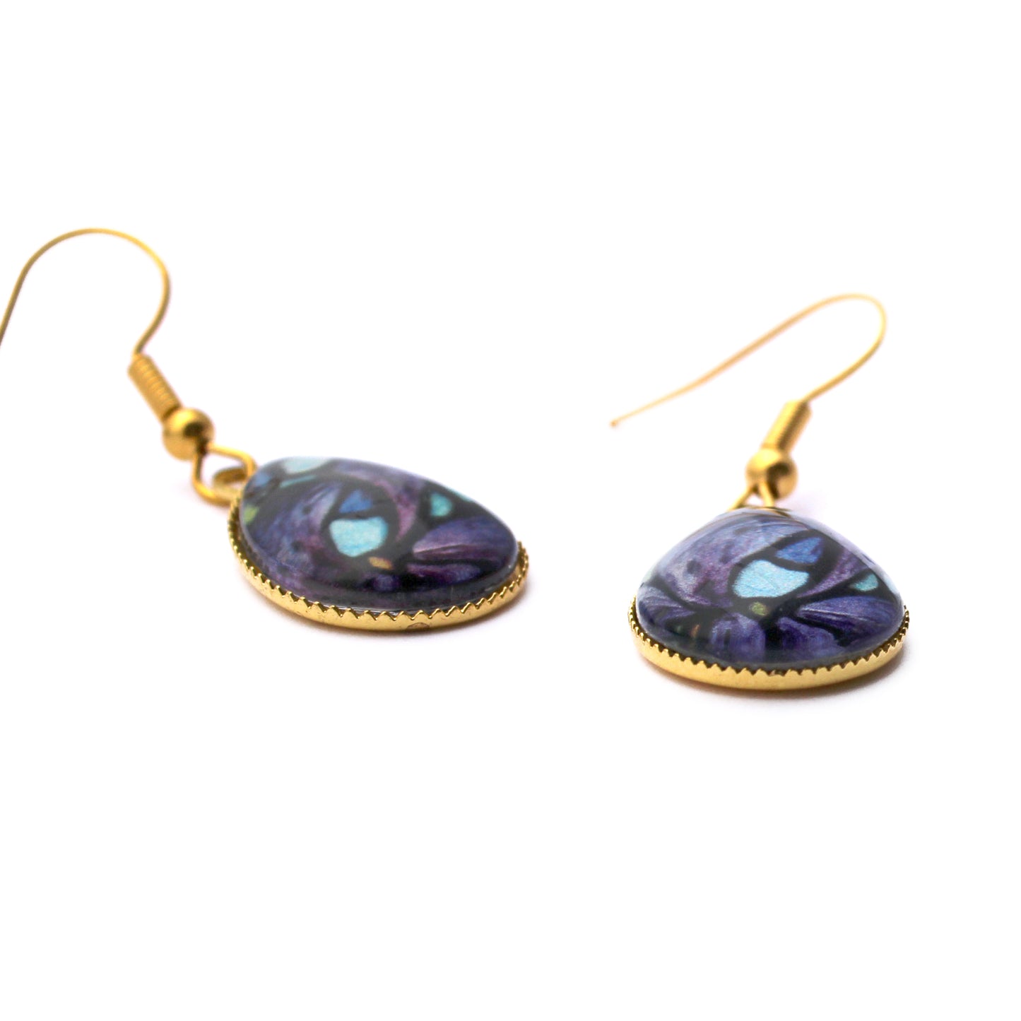 Single Iris Flower Gold Teardrop Glass Earrings