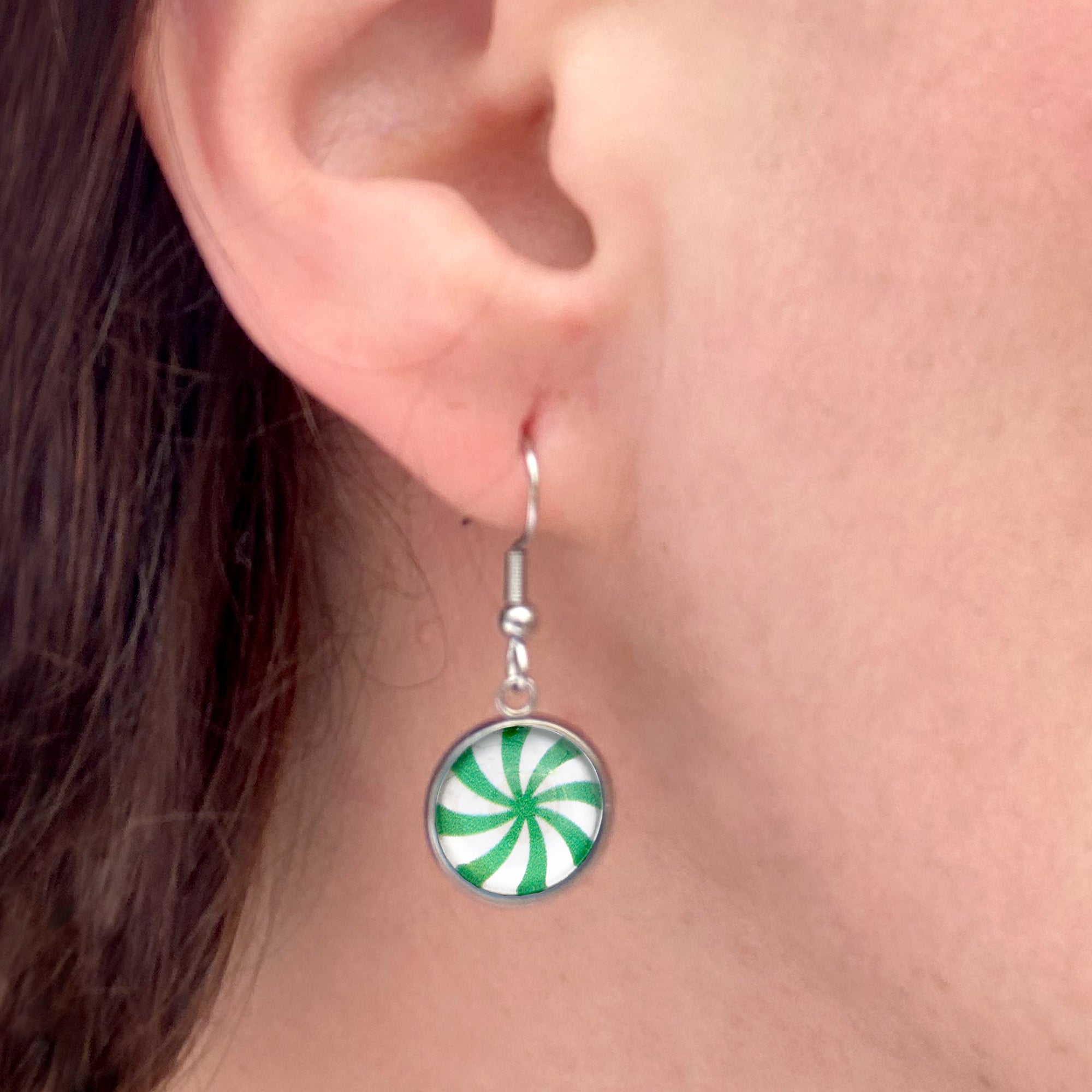 Green Peppermint Christmas Dangle Earrings