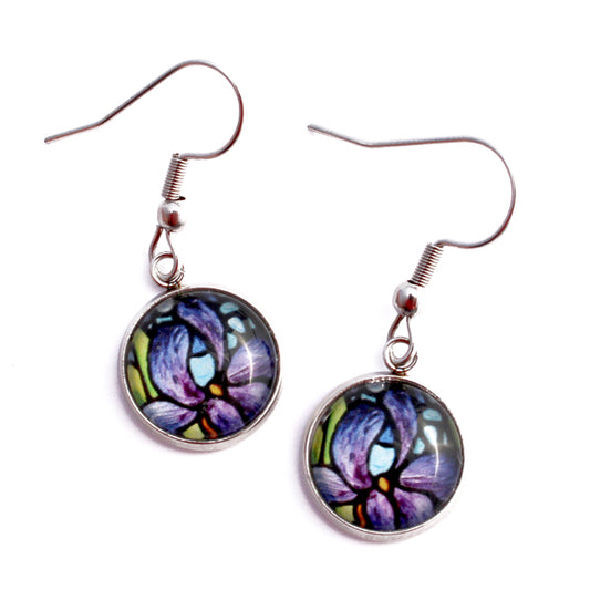 Purple Iris Circle Dangle Earrings