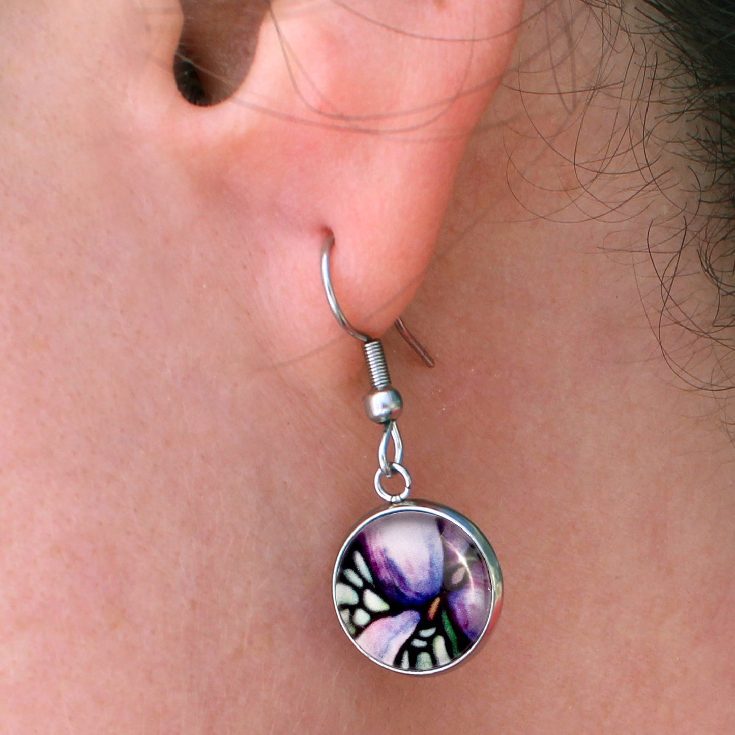 Purple Iris Flower Circle Dangle Earrings