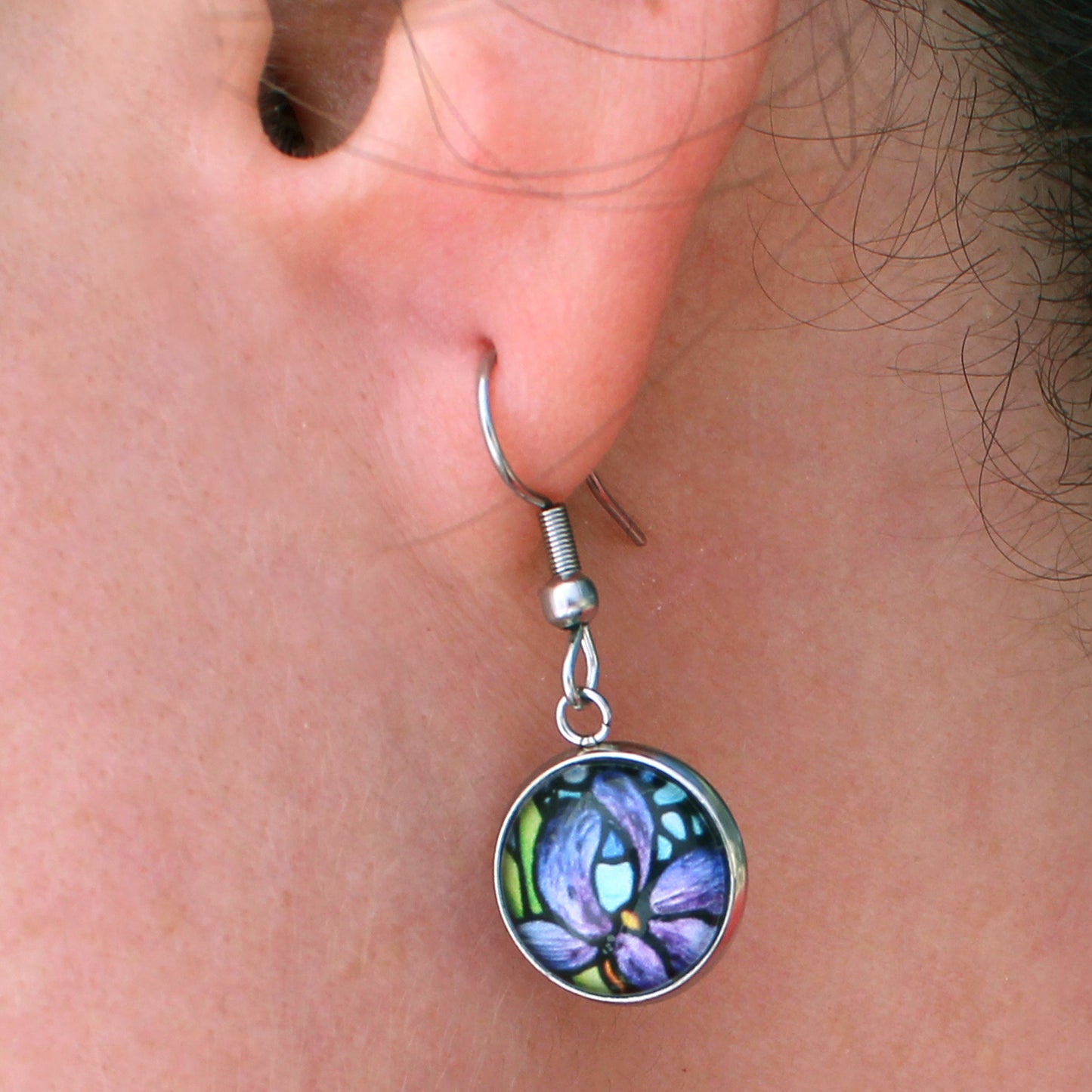 Purple Iris Circle Dangle Earrings