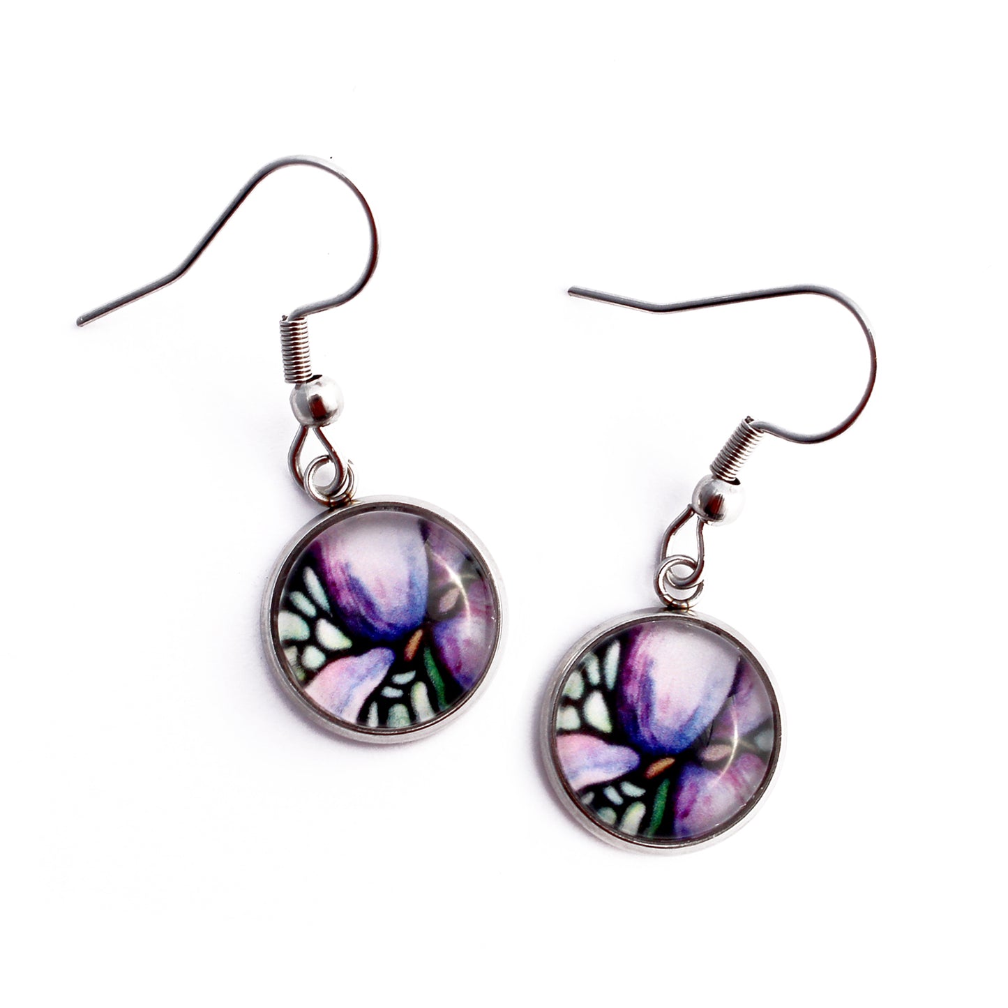 Purple Iris Flower Circle Dangle Earrings